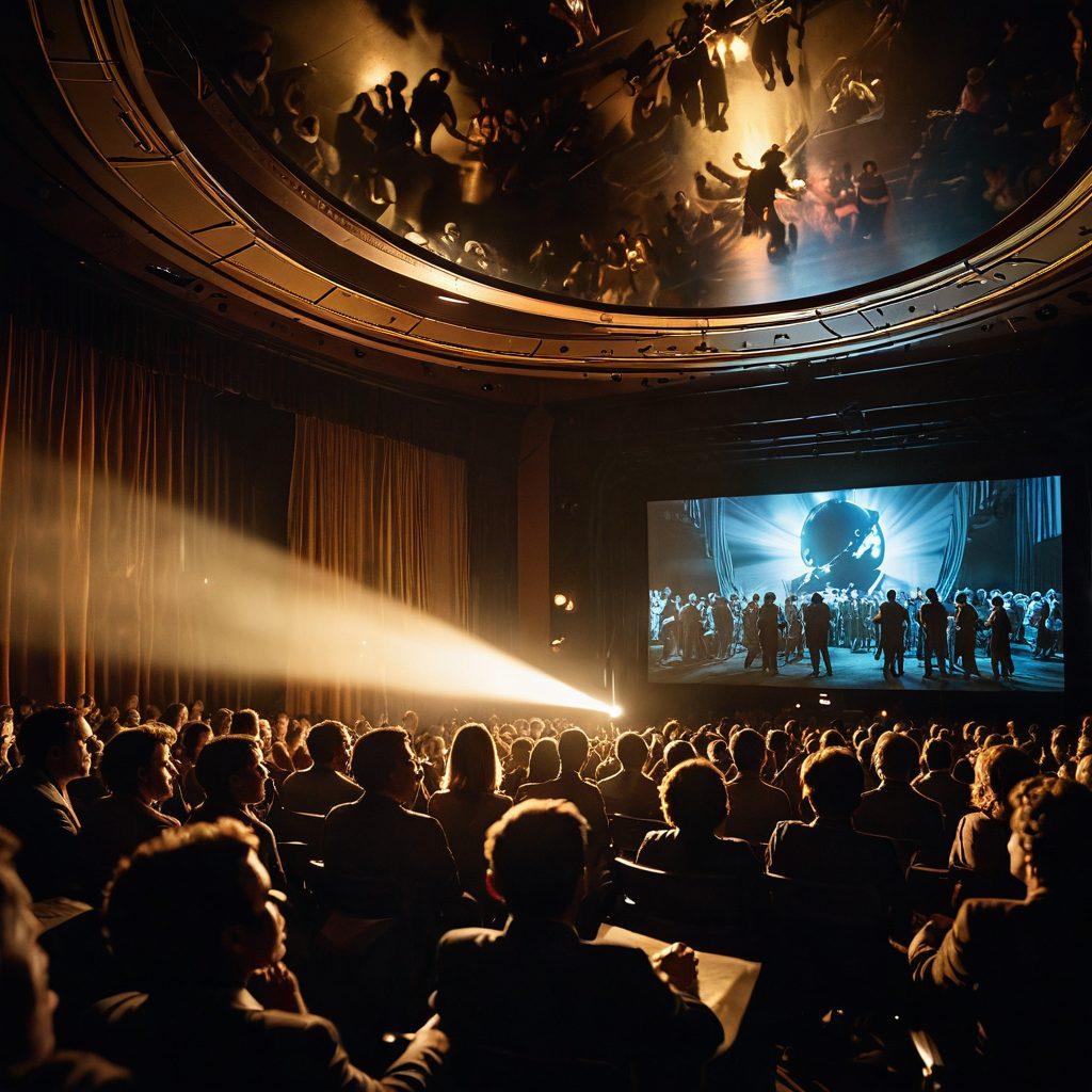 A captivating scene featuring a film reel rolling out images of documentary highlights, juxtaposed with a crowd engaged in watching a film. Include elements like a movie projector casting light and silhouettes of people, illustrating intense emotions. Add a globe in the background to signify global storytelling. Emphasize realistic details and deep colors to enhance the depth of the scene. super-realistic. rich colors. cinematic atmosphere.