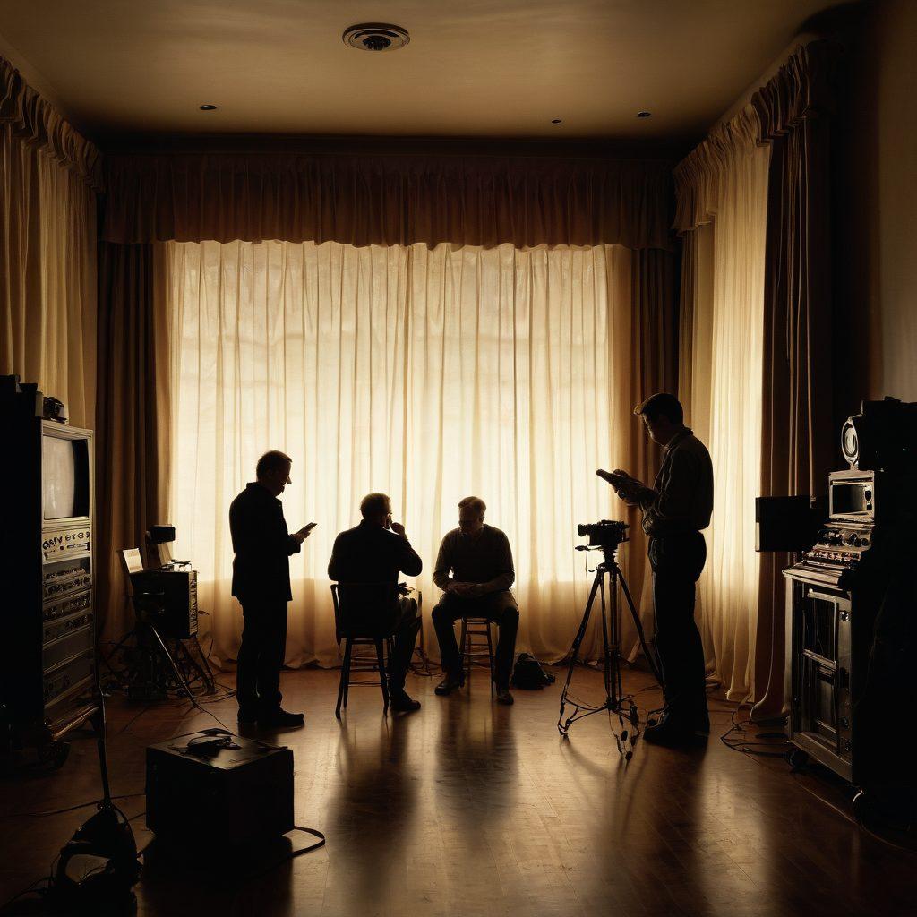 A mysterious, partially drawn curtain revealing glimpses of a vintage film set with documentary elements like cameras, scripts, and production notes scattered around. Silhouettes of documentary filmmakers are seen discussing passionately in the background. The scene captures the essence of storytelling with an ethereal glow highlighting the contrasts between light and shadow. cinematic, warm colors, slightly faded for a nostalgic effect.