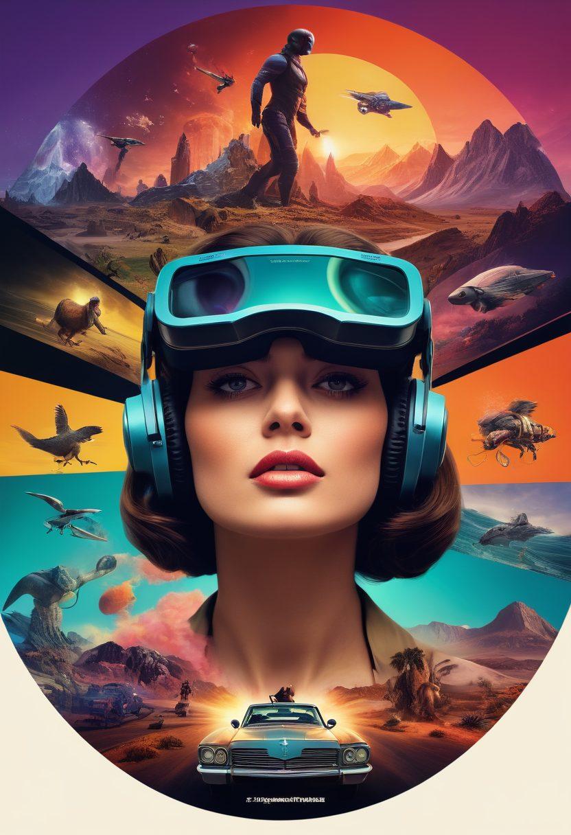 A dynamic collage illustrating the journey of reality-based entertainment in filmmaking, featuring a vintage film reel transitioning into a vibrant VR headset. In the background, iconic scenes from reality shows, documentaries, and cinematic re-creations blend seamlessly, with a timeline showcasing key milestones. The colors should be rich and engaging, creating a visual feast that captures the essence of evolution in entertainment. super-realistic. vibrant colors. cinematic style.